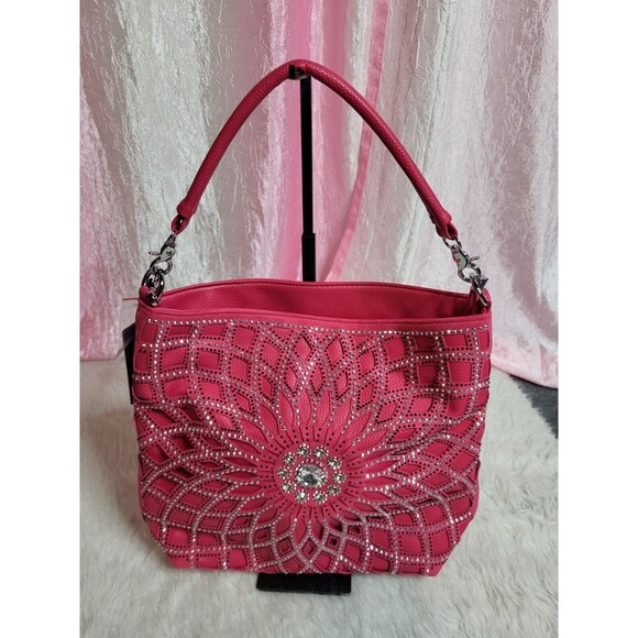 Fuchsia Boho Flower Sunburst Rhinestone Hobo Handbag & Matching Wallet Set - Picture 5 of 11